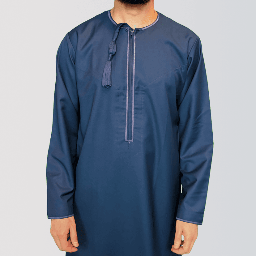 Premium Blue Omani Thobe with Detachable Tassel