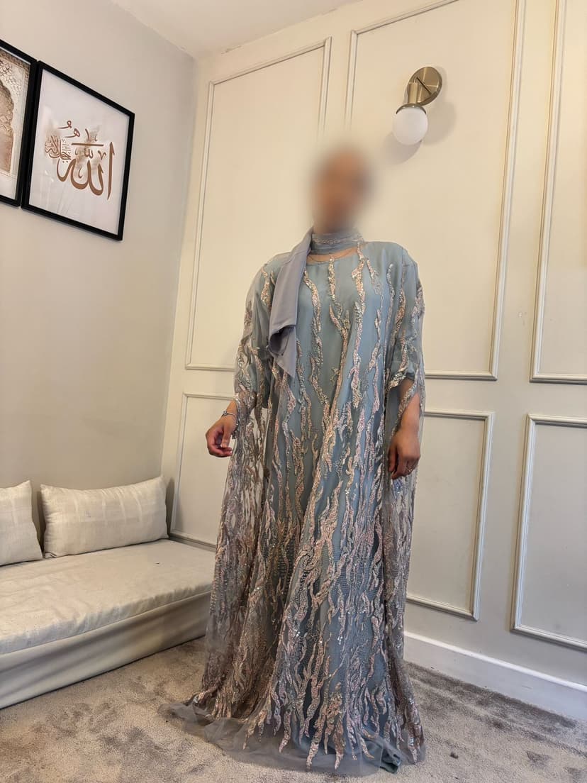 Gorgeous ash blue beaded abaya 3 piece set - Full sleeve inner abaya and matching premium hijab - Beaded abaya - 3 piece set abaya - Eid abaya