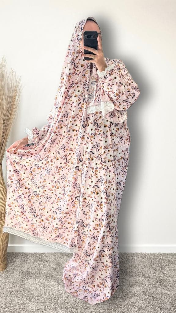 Modest Prayer Abaya With Hijab | Blush Pink Meadow Print - Islamic Modest Prayer Set - Muslimah Modest Prayer Set - Islamic Prayer Abaya with Hijab - Islamic Prayer Dress - Prayer Clothing