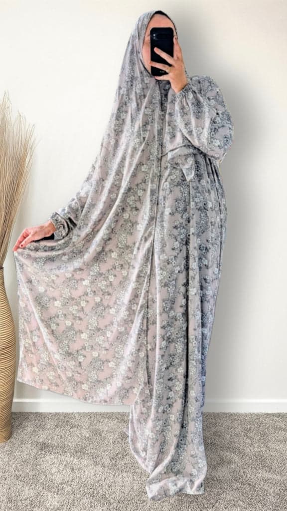 Modest Prayer Abaya With Hijab | Dusty Mauve Floral Print - Islamic Modest Prayer Set - Muslimah Modest Prayer Set - Islamic Prayer Abaya with Hijab - Islamic Modest Clothing - Prayer Clothing - Islamic Gift For Her, Mother, Sister, Wife or Friend