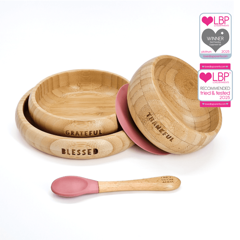 My First Breakfast Set - 100% Natural Bamboo (4pc set) / Rose Pink - Islamic kids breakfast set - Muslim kids breakfast set - Muslim new born gift - Islamic toddler gift - Islamic baby gift