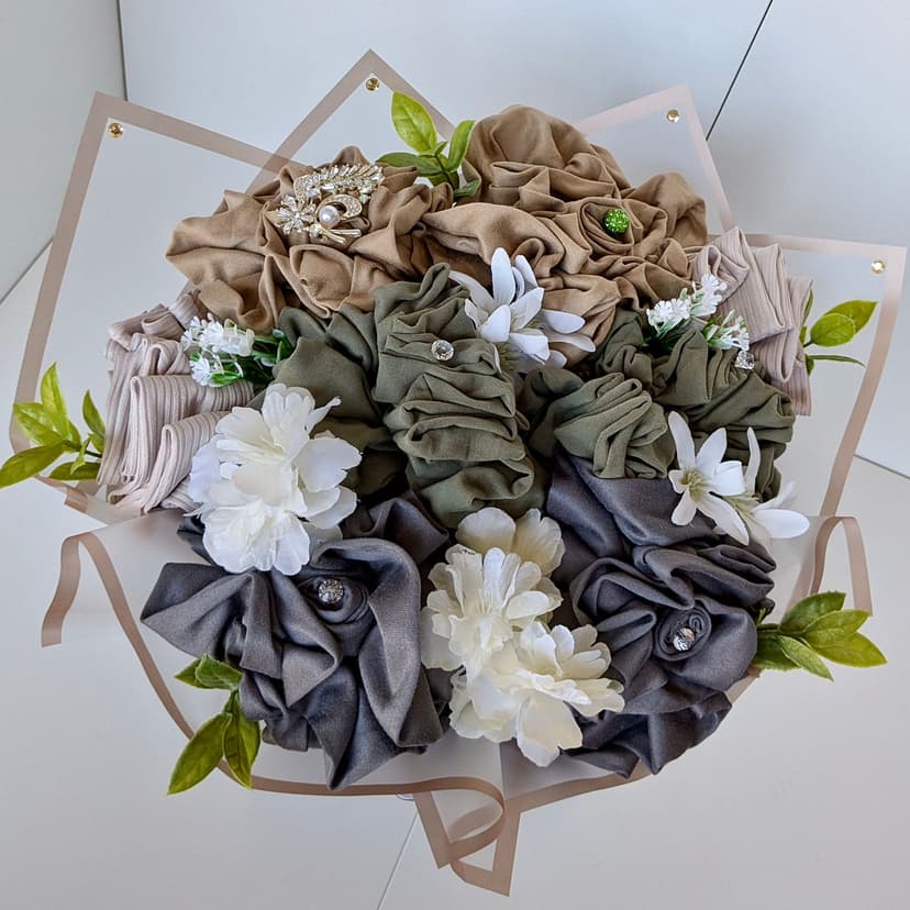 Olive Jersey Hijab Bouquet | Perfect for Umrah, Hajj, Graduation, Ramadan, Birthday or Eid Gift | Handmade Islamic Gift for Her | Islamic Gift For Sister, Mother, Wife