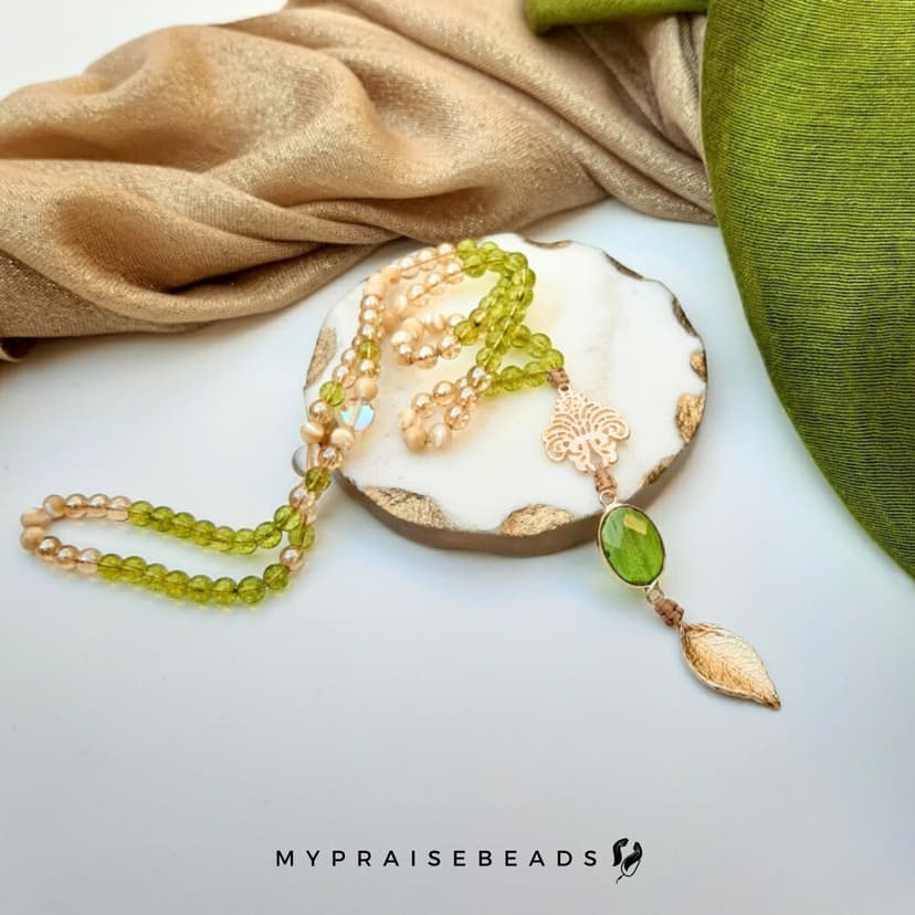Peridot, Gold & Trochus Shell Tasbih - Muslim Prayer Beads - 99 Beads Tasbih - Islamic Gifts