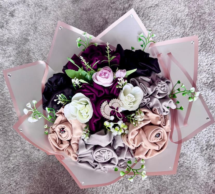 Plum Jersey Hijab Bouquet | Perfect for Umrah, Hajj, Graduation, Birthday, Wedding, Eid Gift | Handmade Islamic Gift for Her, New Muslim, Wife, Mother | Muslim Revert Gifts | Hijab Bouquet | Scarf Bouquet