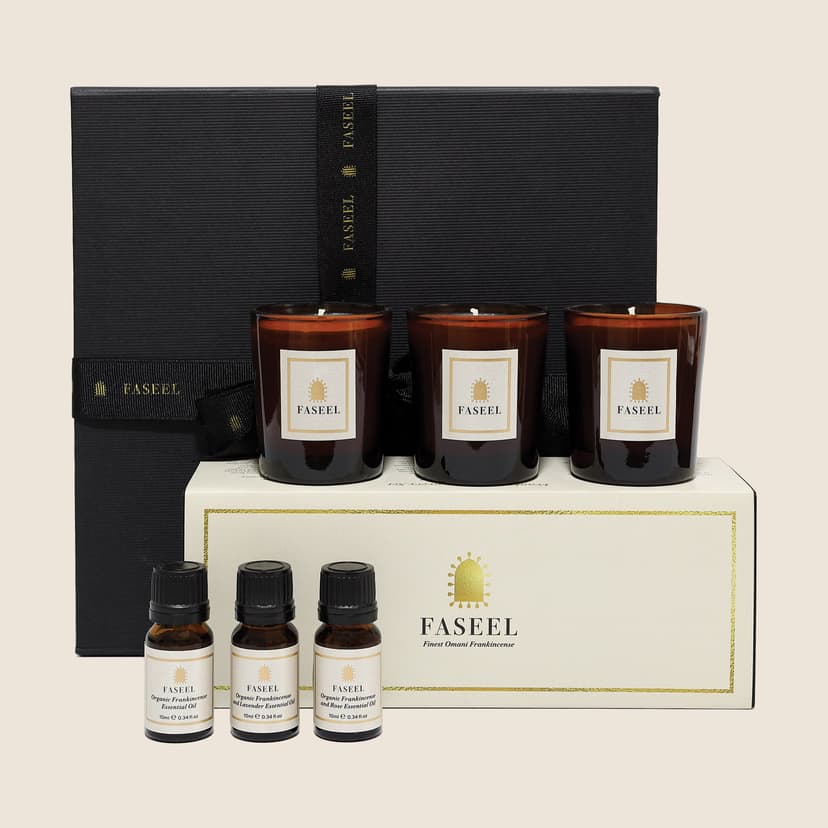 The Faseel Frankincense Wellbeing Discovery Gift Hamper - Frankincense gift hamper - Omani hojari frankincense - Islamic sromatherapy candle set - Frankincense essential oil trio - Islamic luxury wellbeing gift