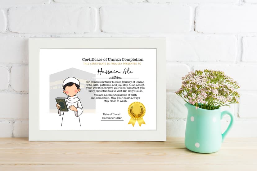 Umrah Completion Certificate for Children – Personalised Islamic Gift | Custom Umrah Certificate | Muslim Kids Keepsake Framed White Frame |